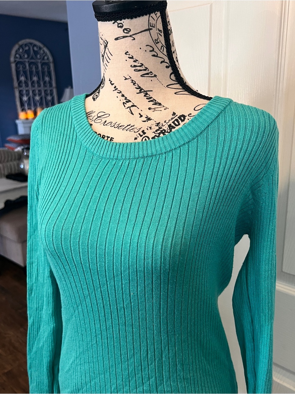 Ribbed Long Sleeve Sweater Emerald teal Green Crewneck Top XL